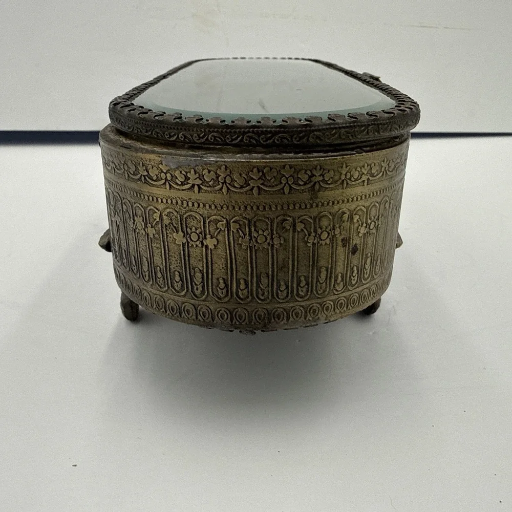 Vtg French Ormolu Beveled Glass Brass Filigree Ornate Jewelry Box Casket
